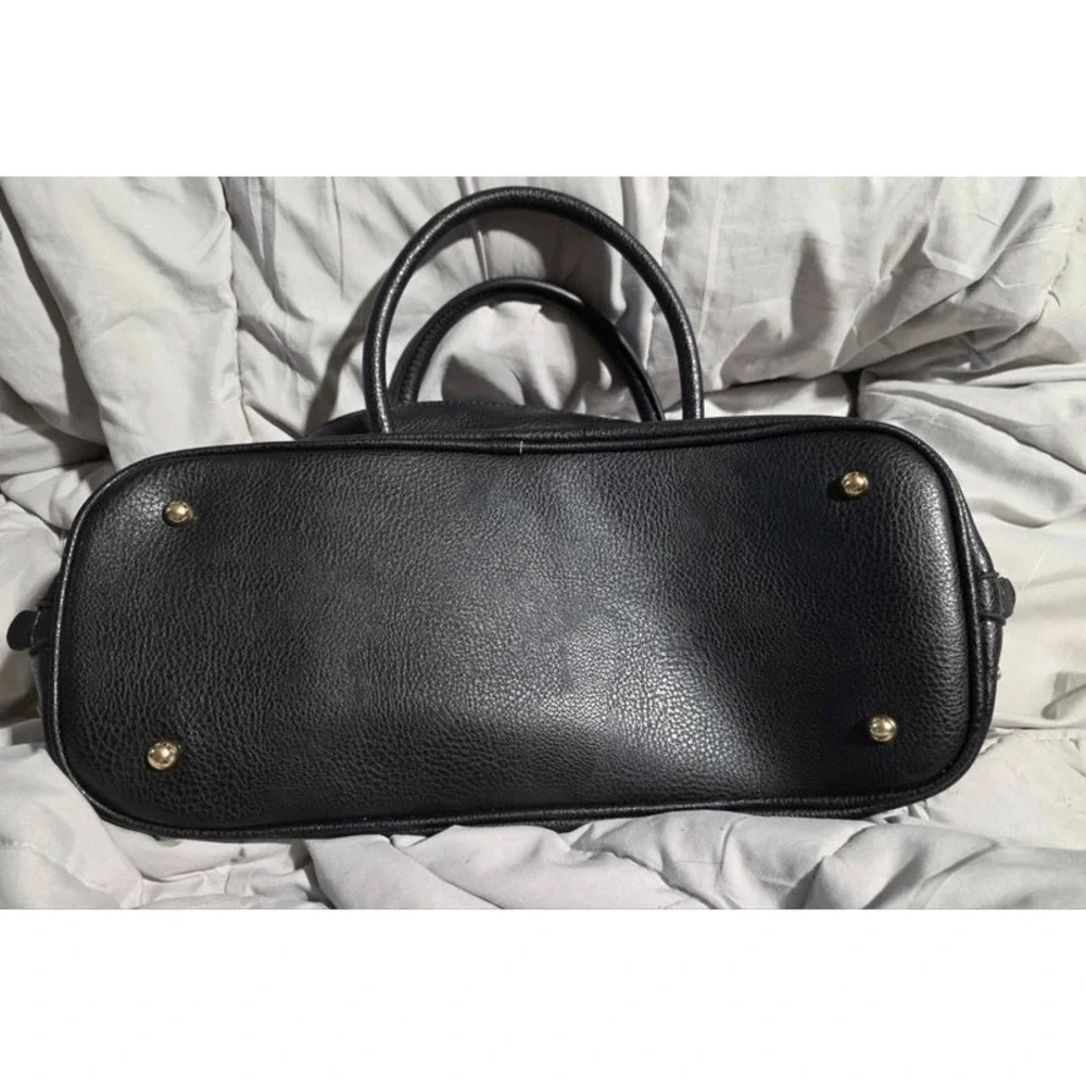 Black Pebbled Faux Leather Rhinestone Studded Dome Satchel Handbag Gold Hardware